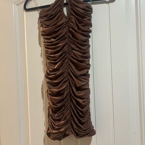 Ruched Halter Mini Dress in Chocolate Brown